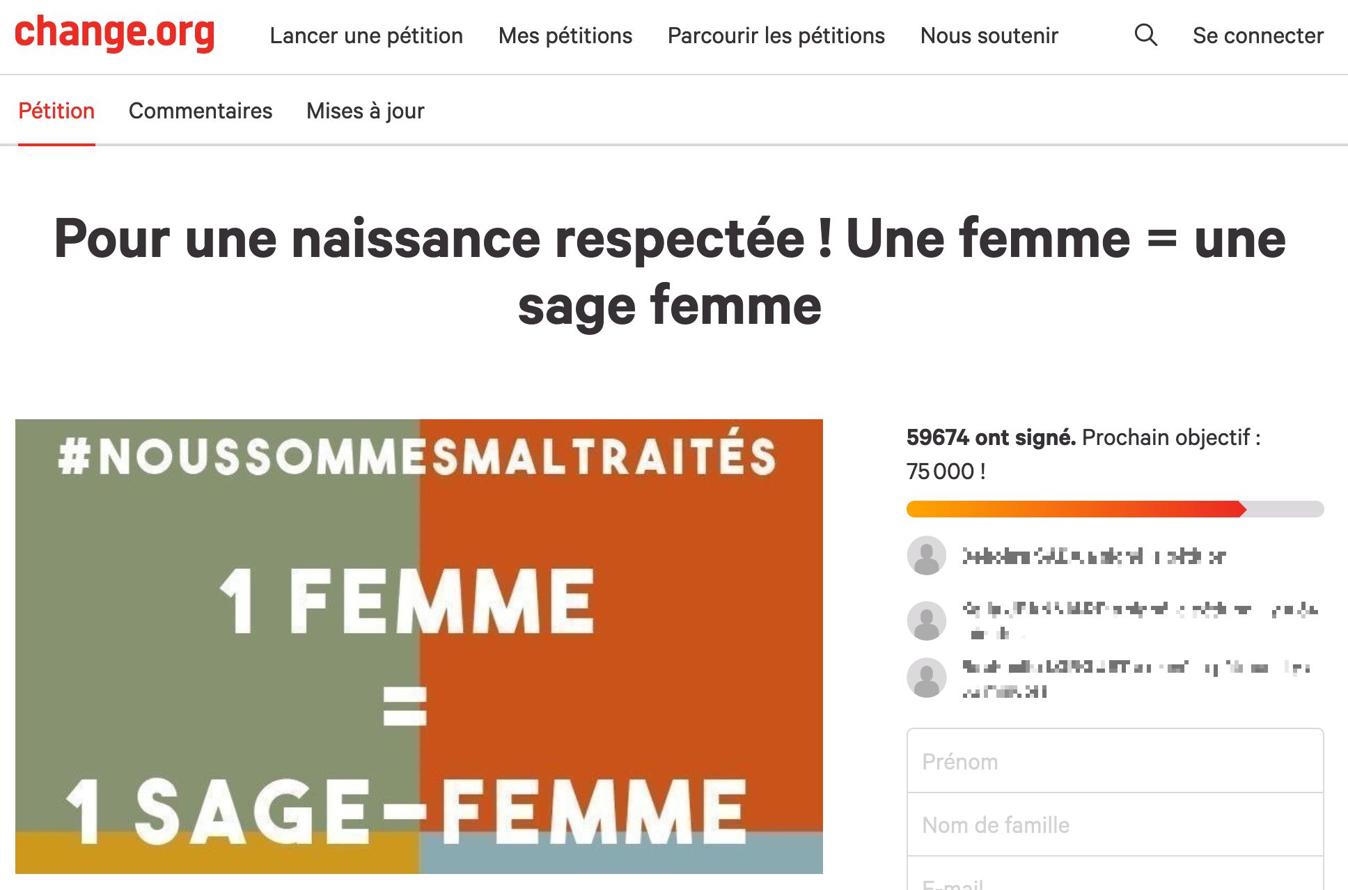 Capture d'écran de la pétition "Une femme = une sage-femme", 4/12/2020